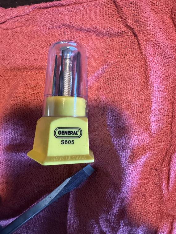 IMG_3012 Yellow General S605 precision screwdriver set and wide flathead screwdriver on red shop towel