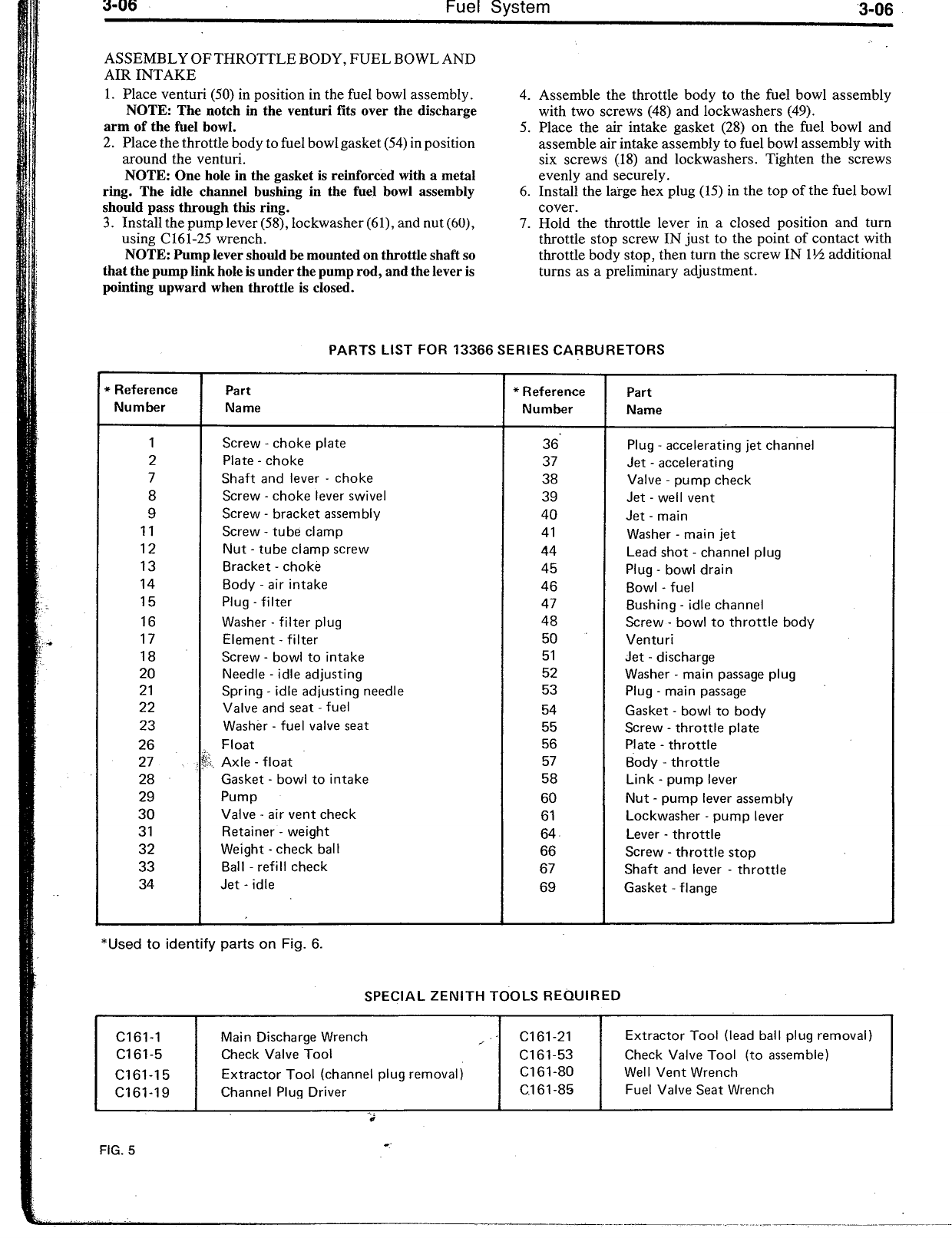 Ford KSG-416 Page 3-06 FIG. 5 Parts List 1 to 69 for Zenith 13366 Carburetor